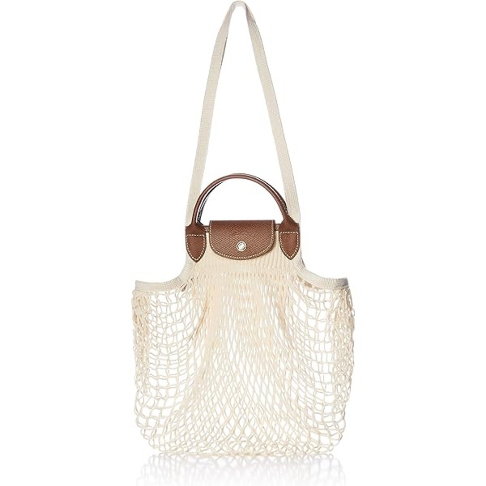 Longchamp Cream Net Tote with Brown Leather Trim